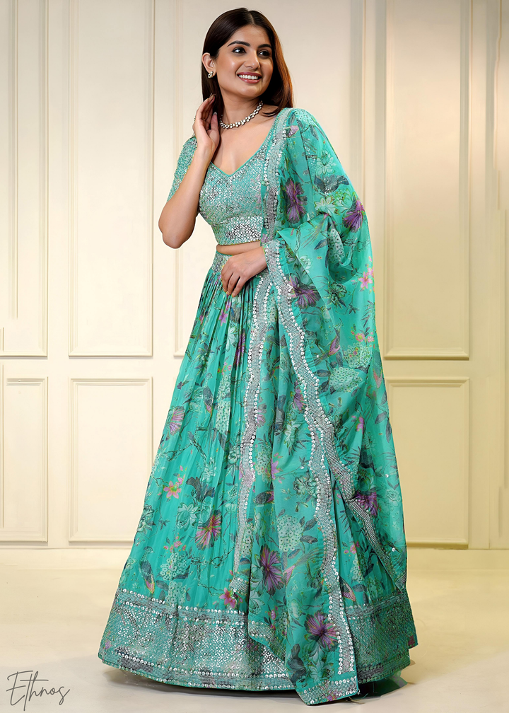 Blue Botanical Bloom Organza Lehenga