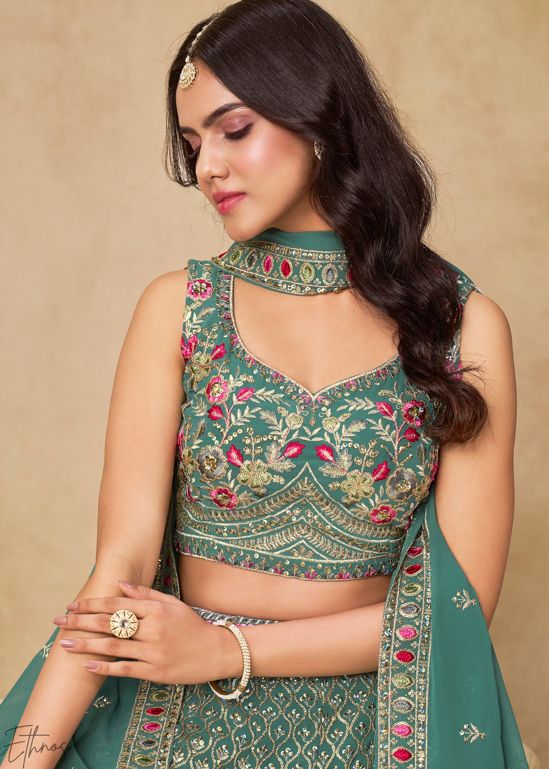 Teal Blue Sequins Embroidered Georgette Lehenga