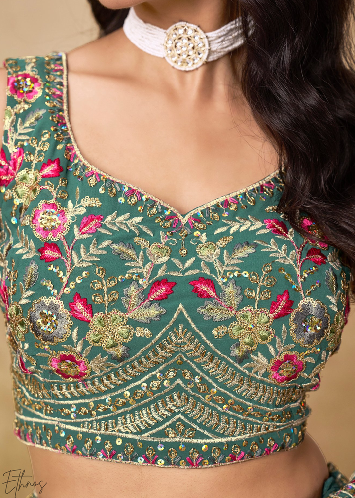 Teal Blue Sequins Embroidered Georgette Lehenga