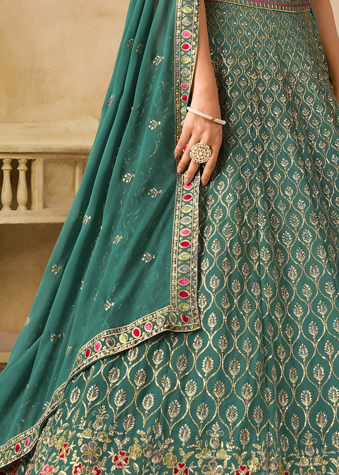 Teal Blue Sequins Embroidered Georgette Lehenga