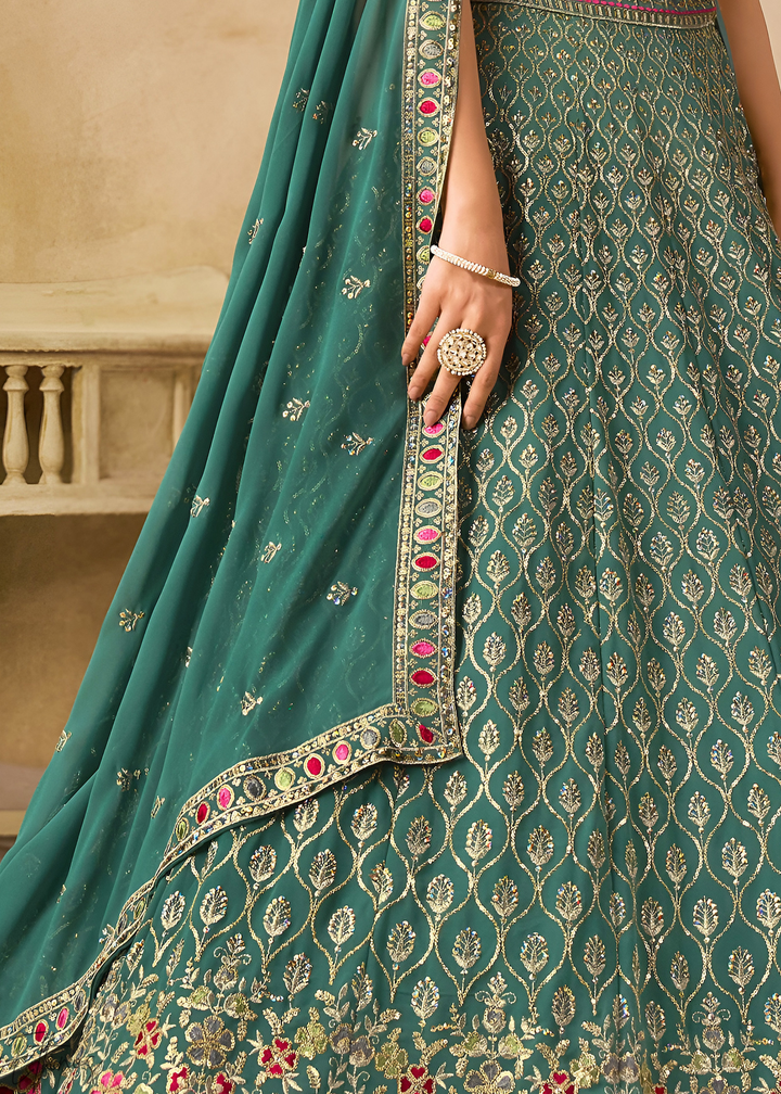 Teal Blue Sequins Embroidered Georgette Lehenga