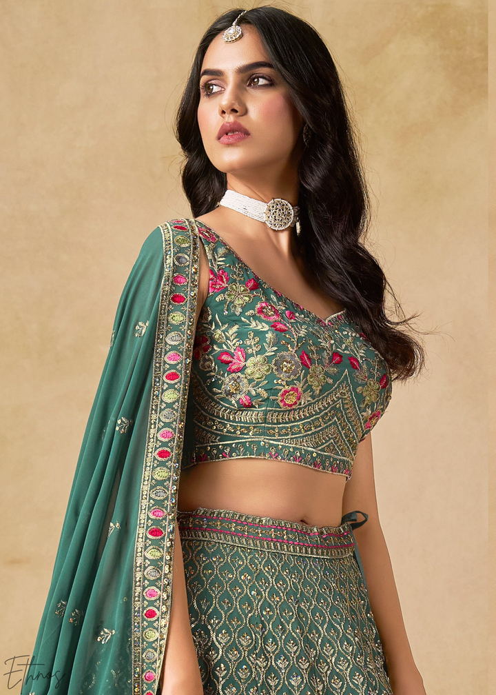 Teal Blue Sequins Embroidered Georgette Lehenga