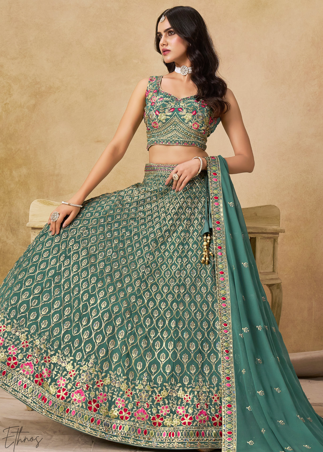 Teal Blue Sequins Embroidered Georgette Lehenga