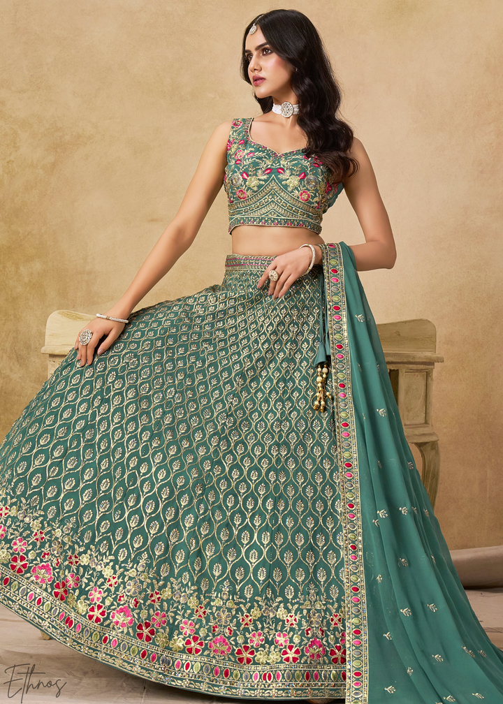 Teal Blue Sequins Embroidered Georgette Lehenga