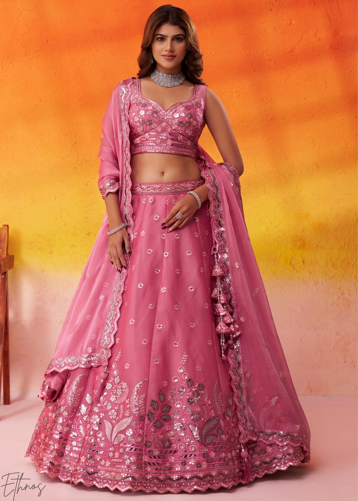 Blush Pink Sequins Organza Lehenga