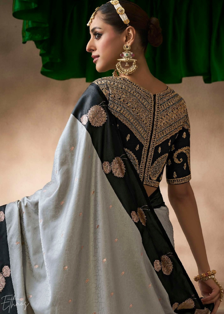 Charcoal Grey Satin Silk Saree