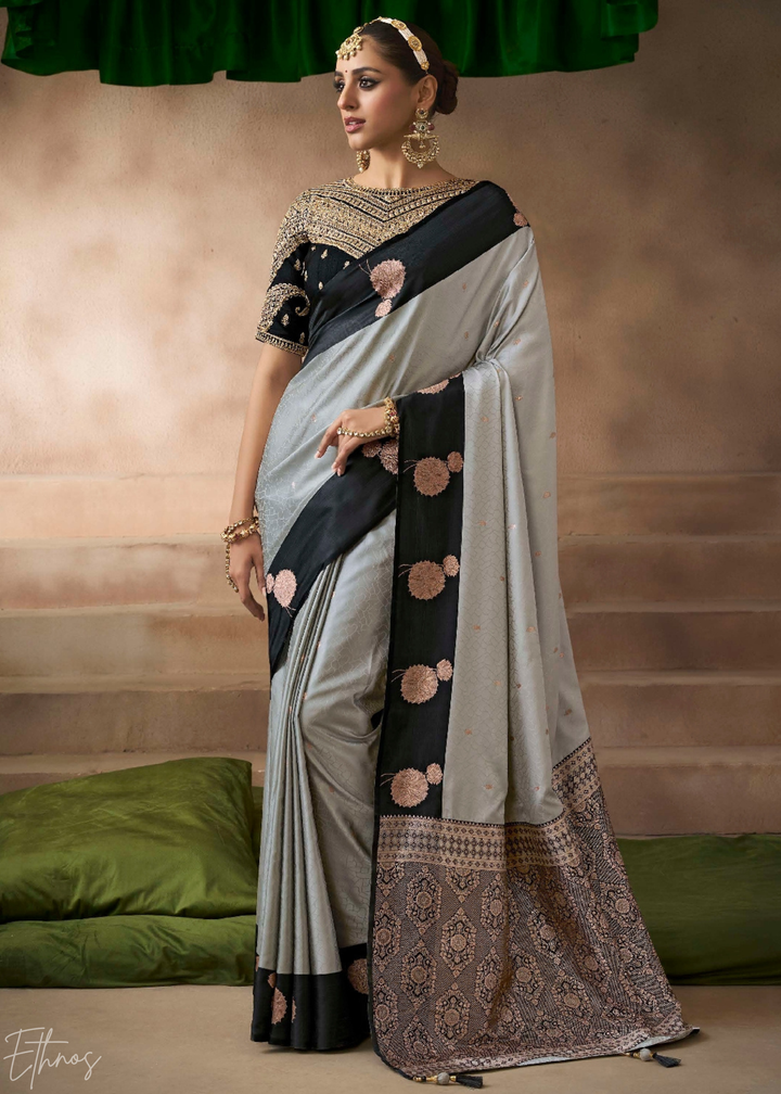 Charcoal Grey Satin Silk Saree