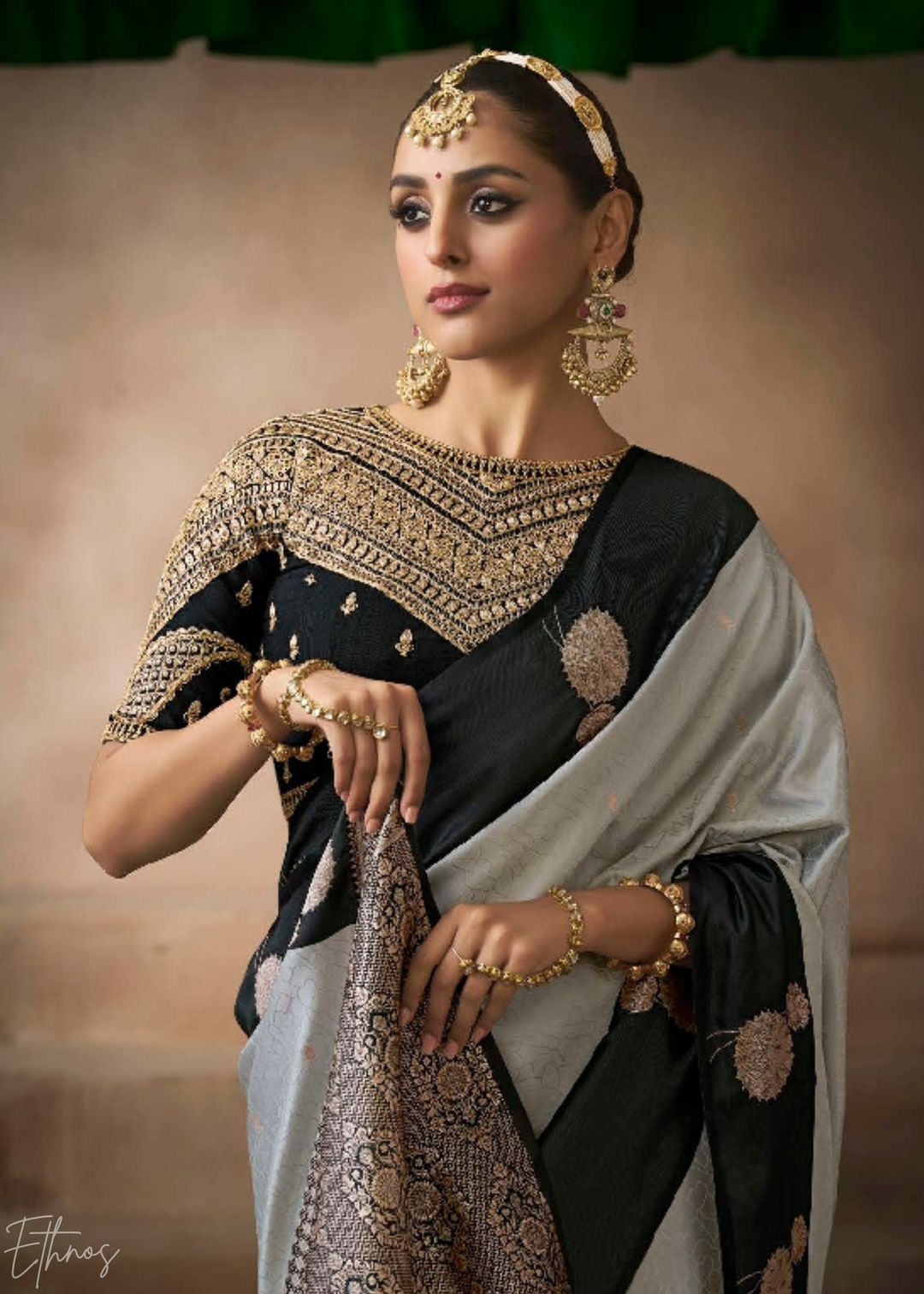 Charcoal Grey Satin Silk Saree