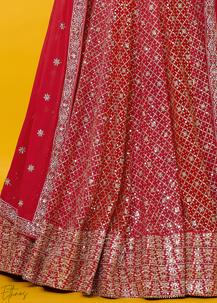 Deep Ruby Vertical-Stripe Georgette Lehenga
