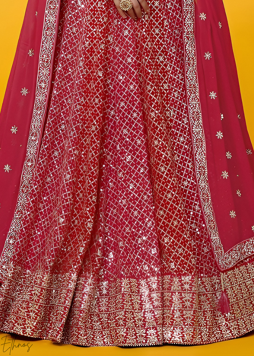 Deep Ruby Vertical-Stripe Georgette Lehenga