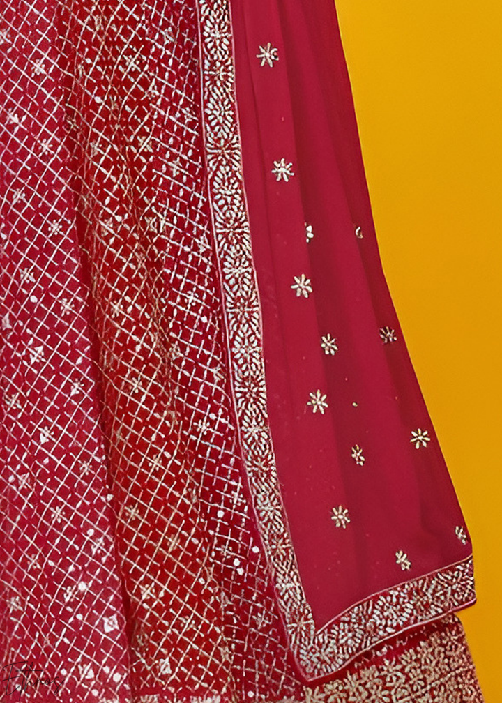 Deep Ruby Vertical-Stripe Georgette Lehenga