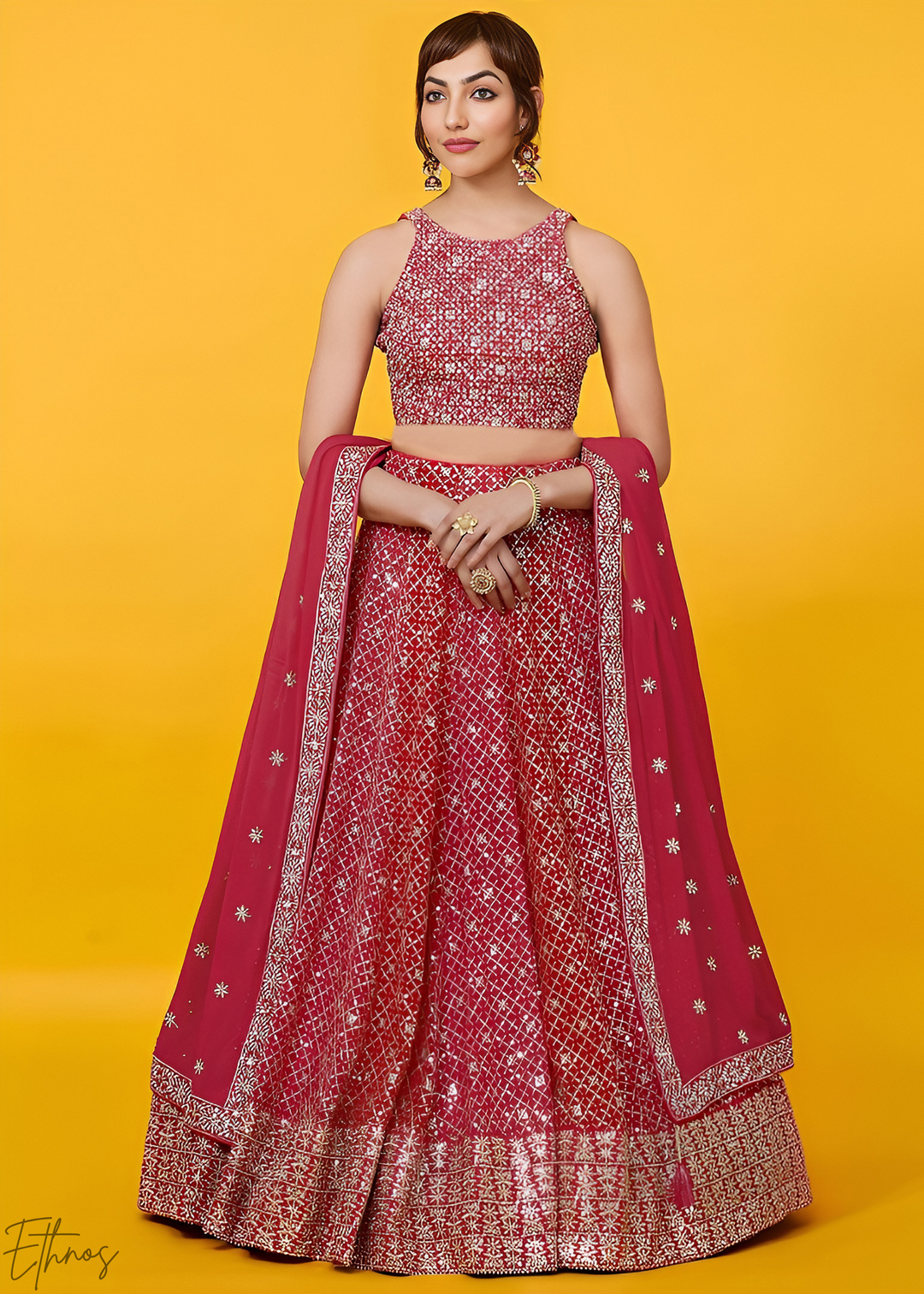 Deep Ruby Vertical-Stripe Georgette Lehenga