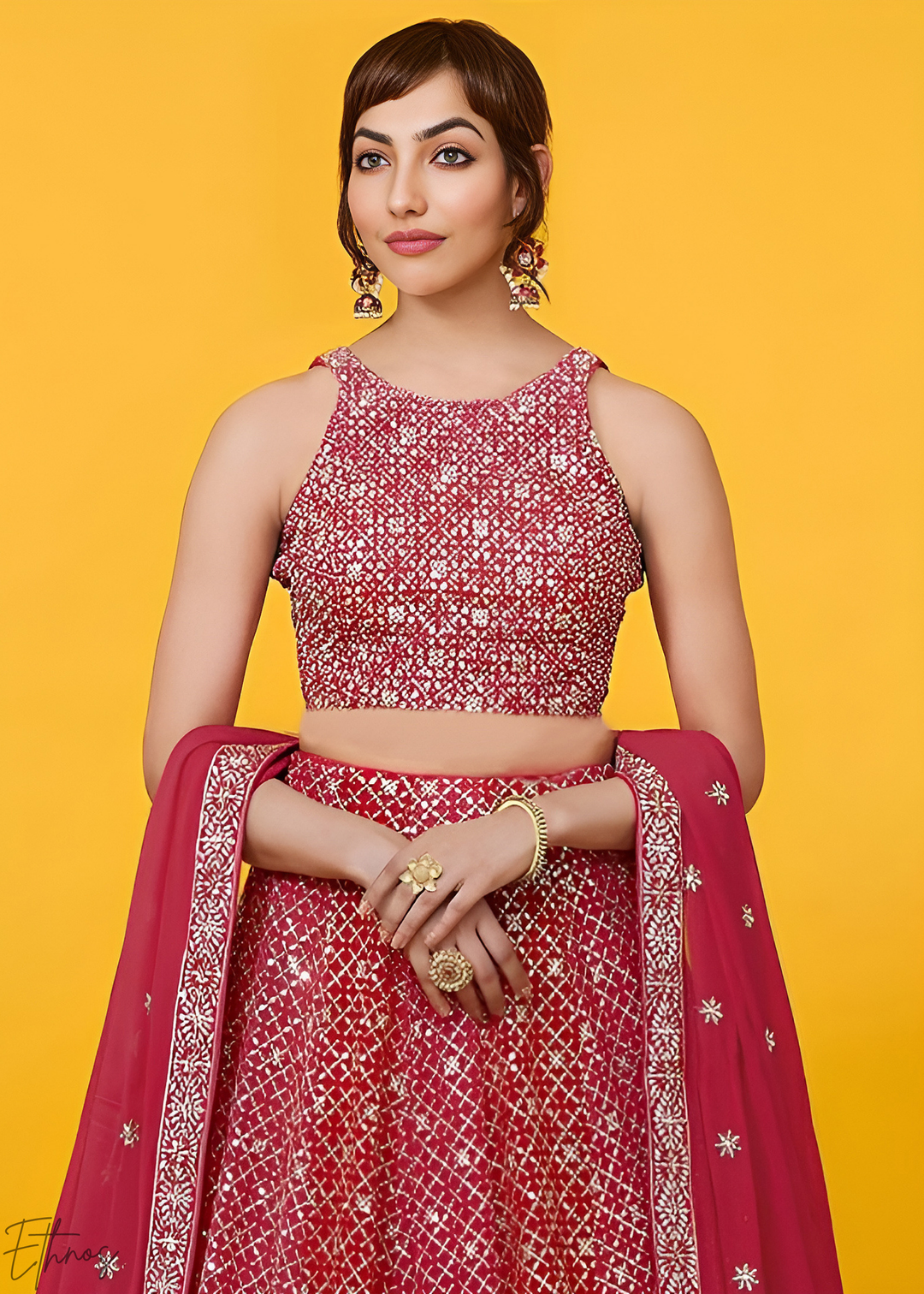Deep Ruby Vertical-Stripe Georgette Lehenga