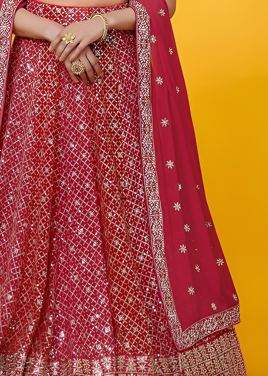 Deep Ruby Vertical-Stripe Georgette Lehenga