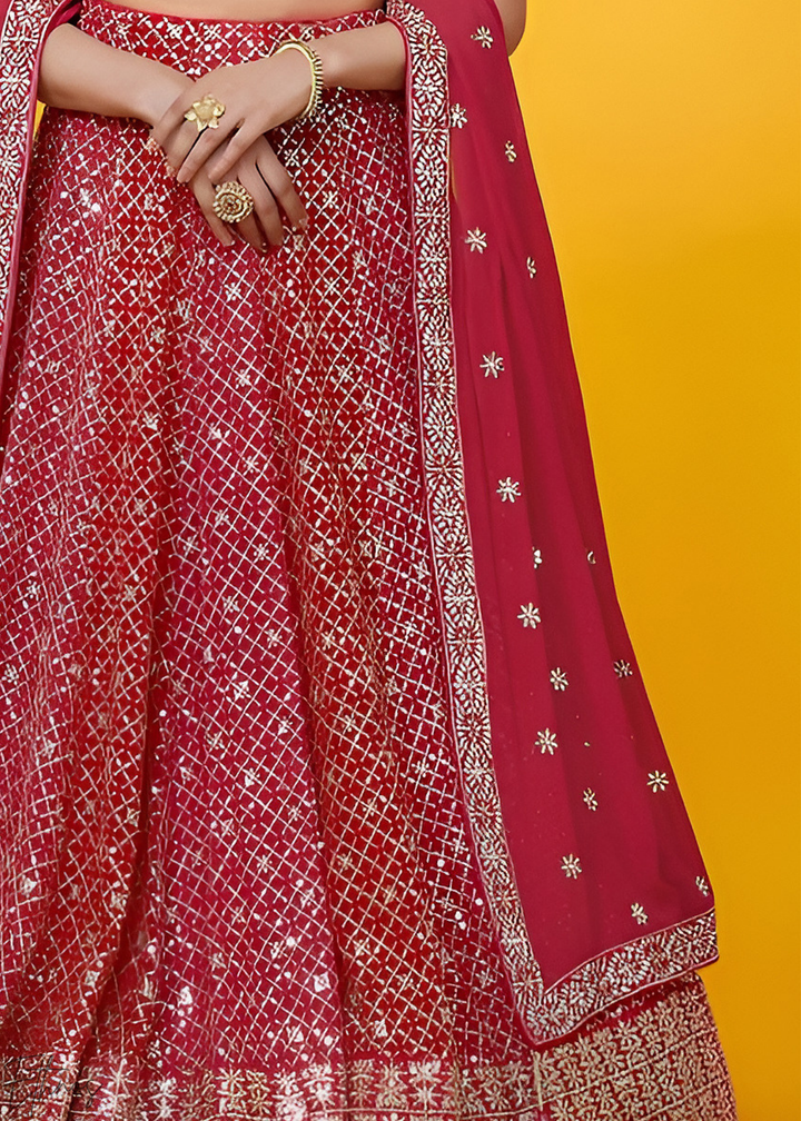 Deep Ruby Vertical-Stripe Georgette Lehenga