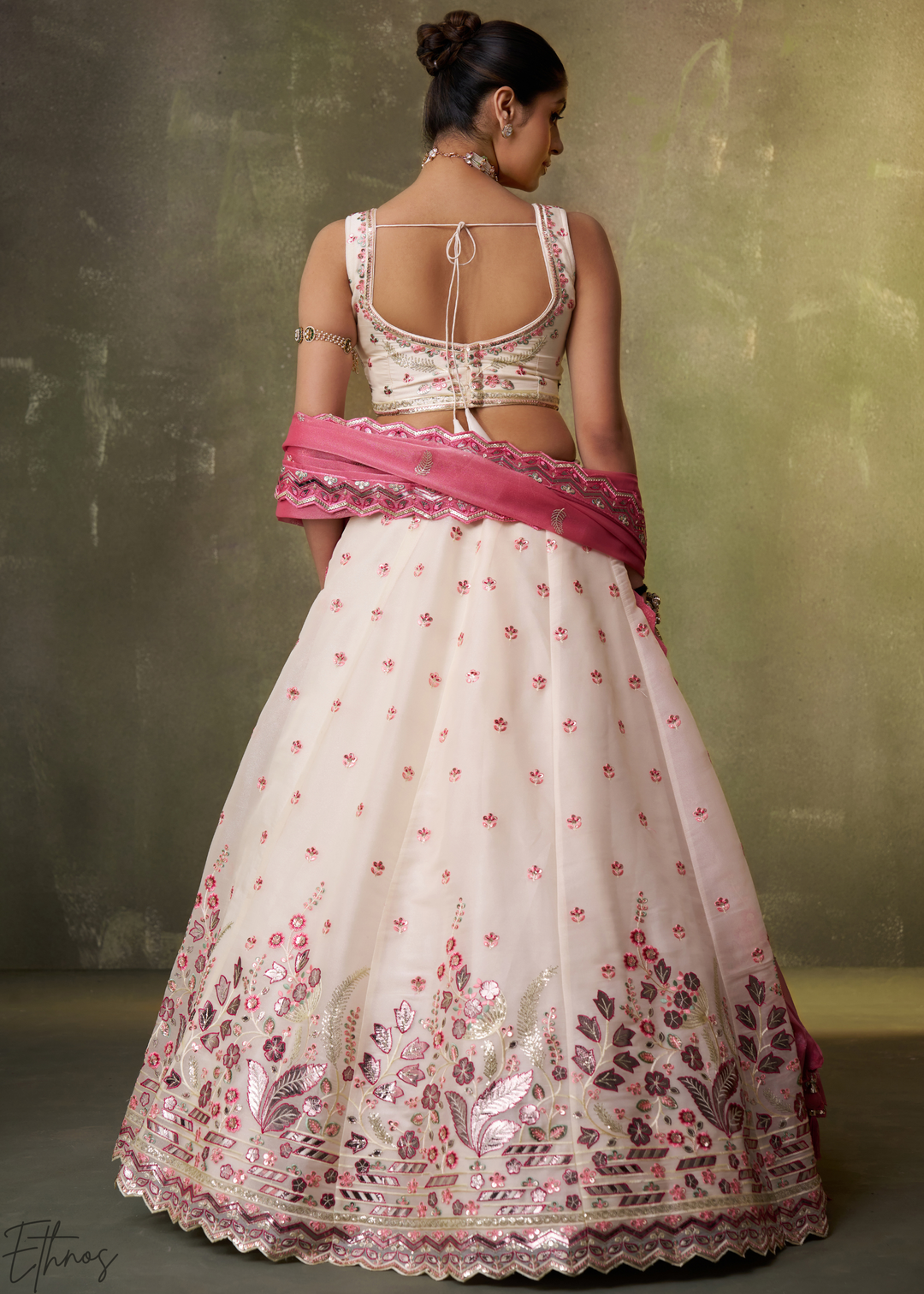 Cream-Blush Pink Sequins Organza Lehenga