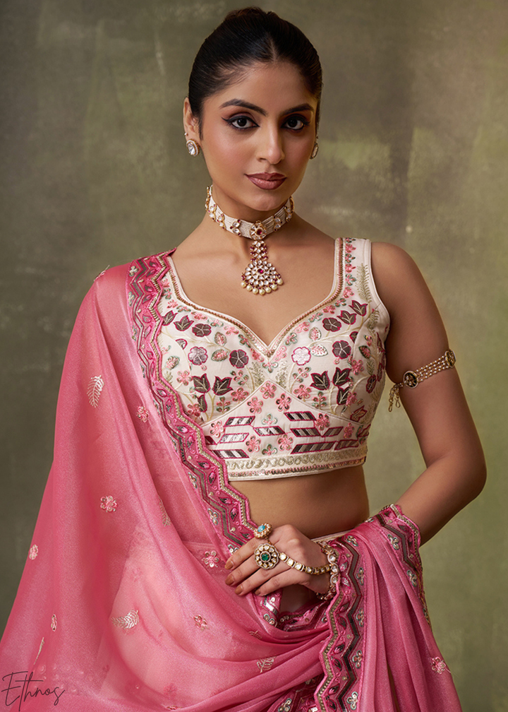 Cream-Blush Pink Sequins Organza Lehenga