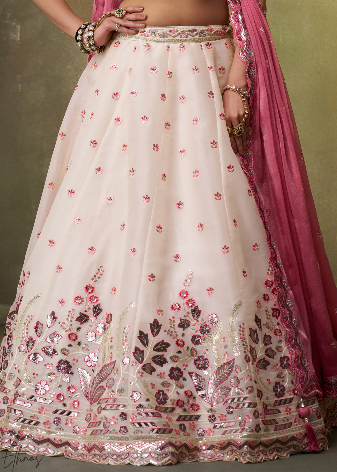 Cream-Blush Pink Sequins Organza Lehenga