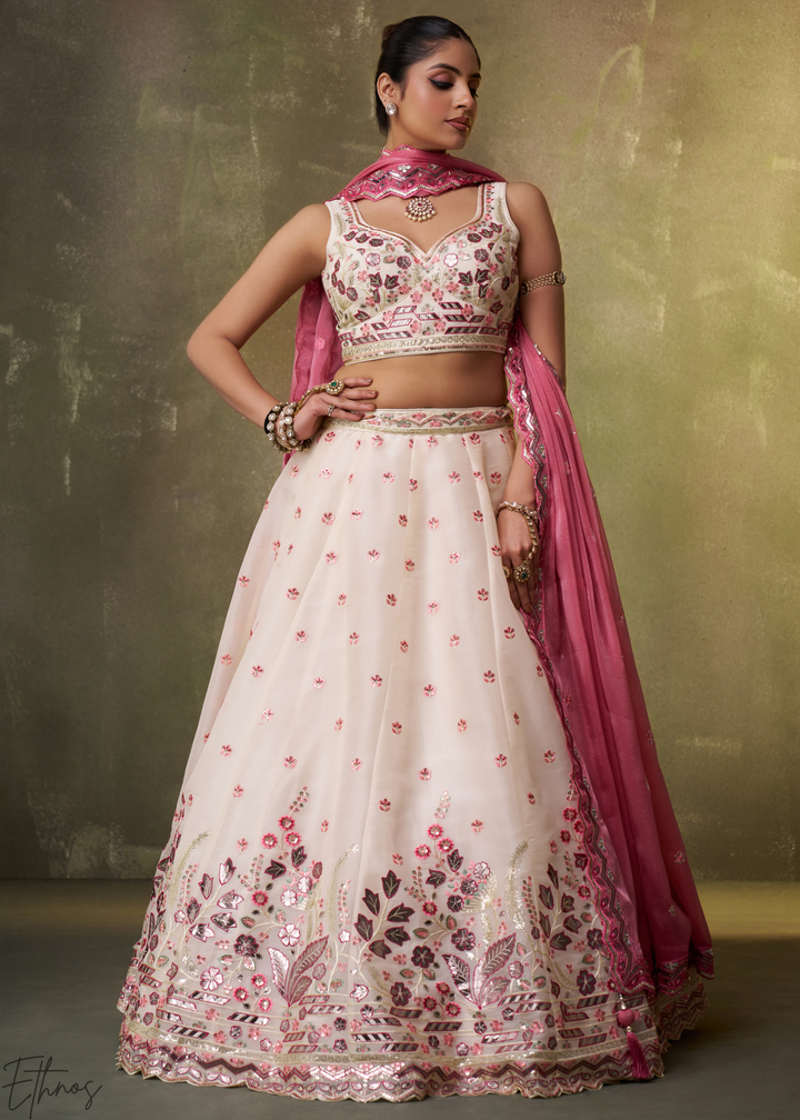 Cream-Blush Pink Sequins Organza Lehenga