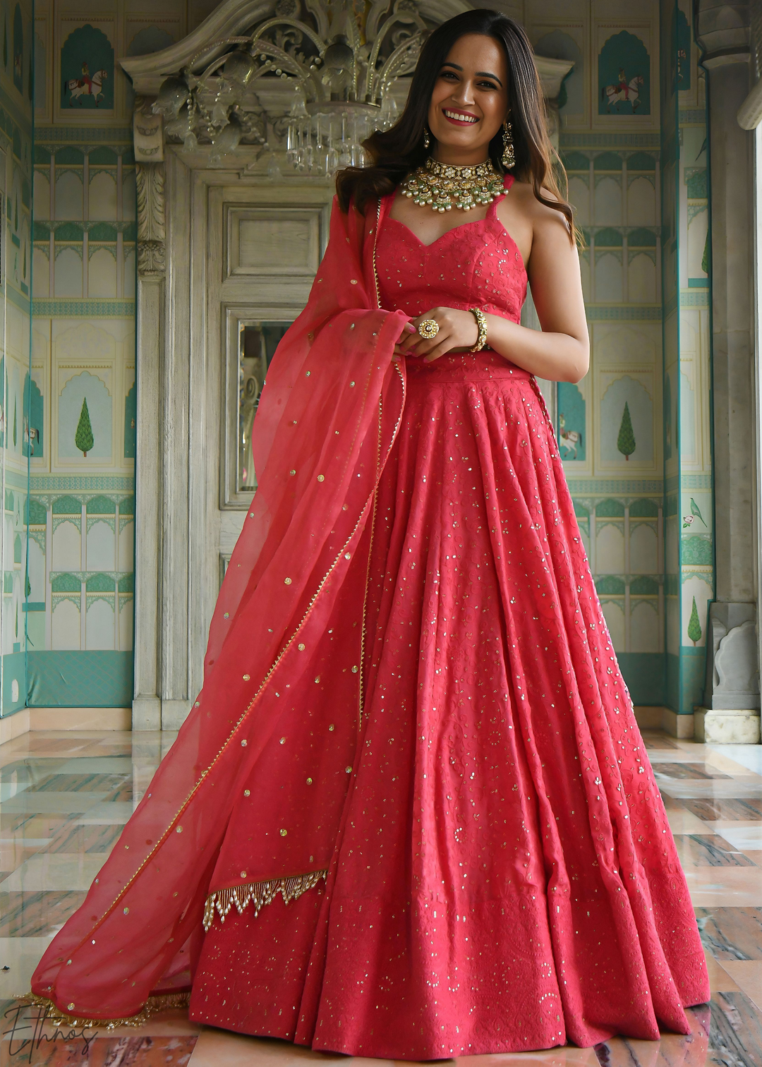 Crimson Pink Minimal-Panel Georgette Lehenga