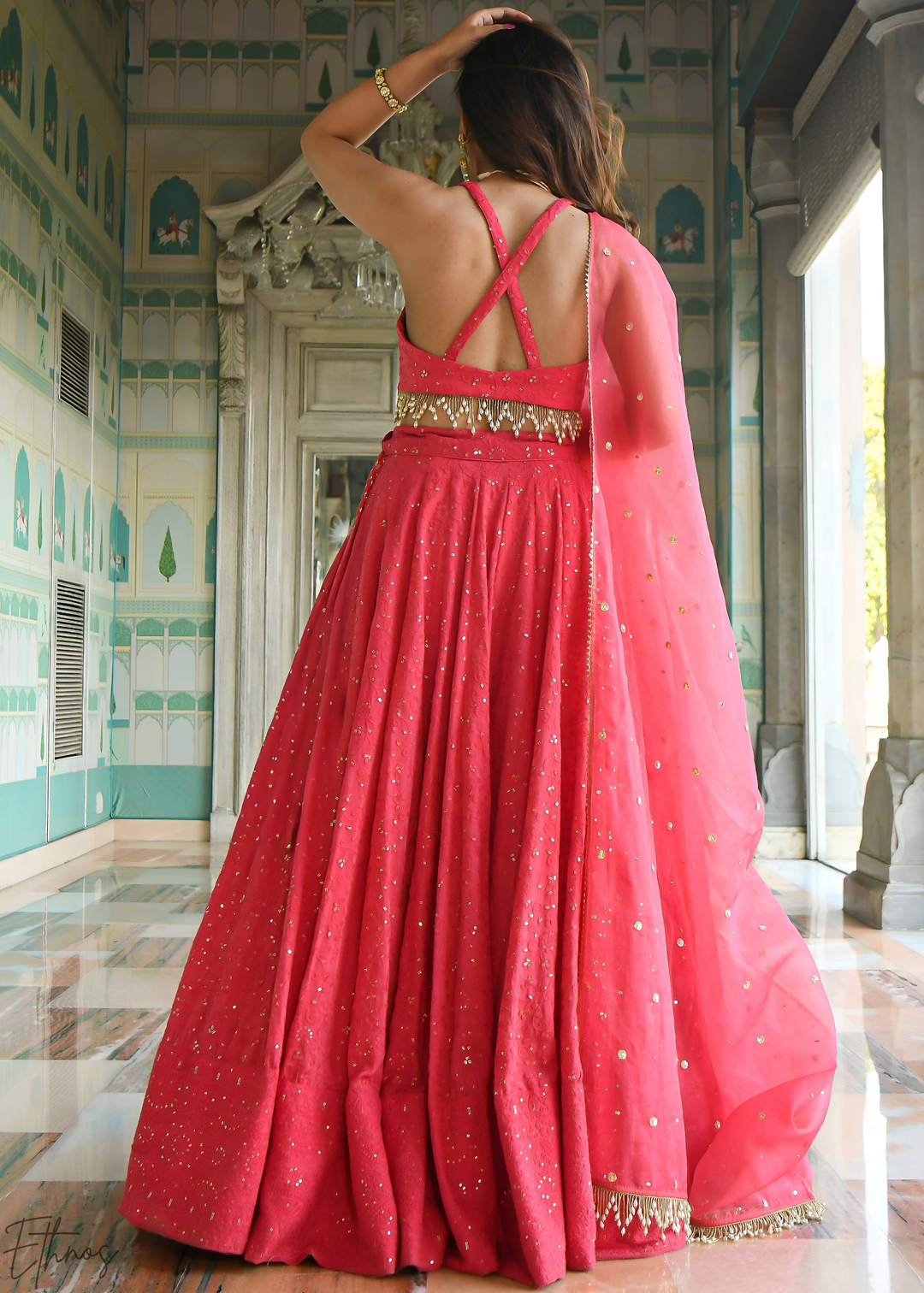 Crimson Pink Minimal-Panel Georgette Lehenga