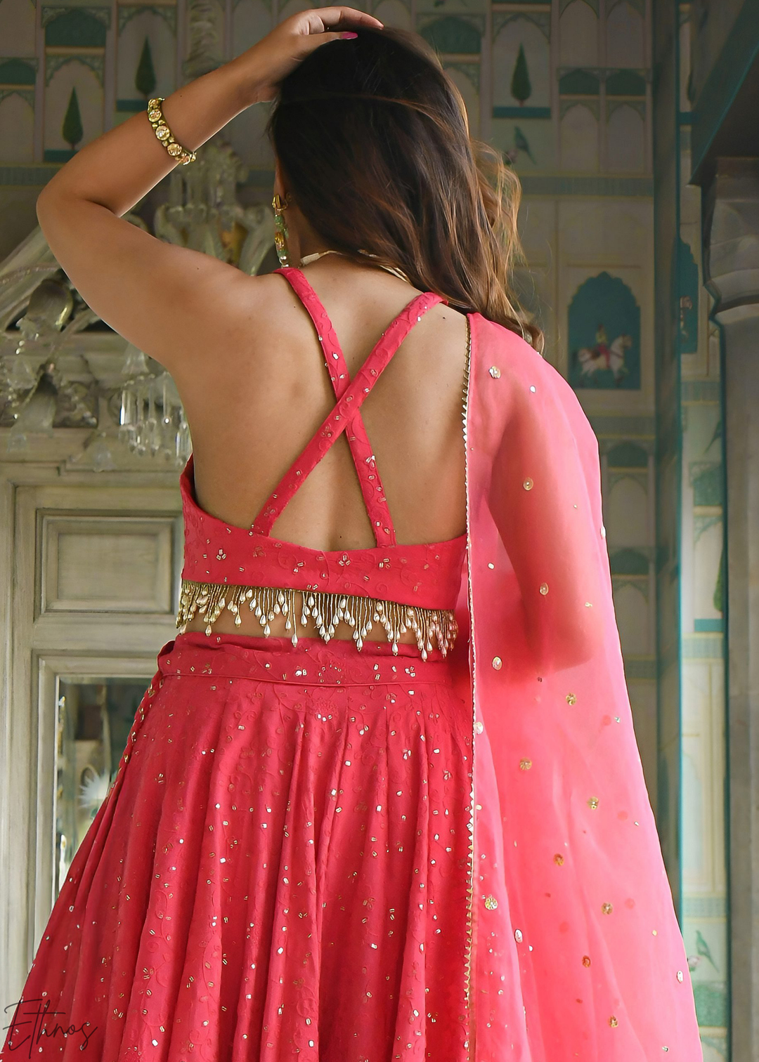 Crimson Pink Minimal-Panel Georgette Lehenga