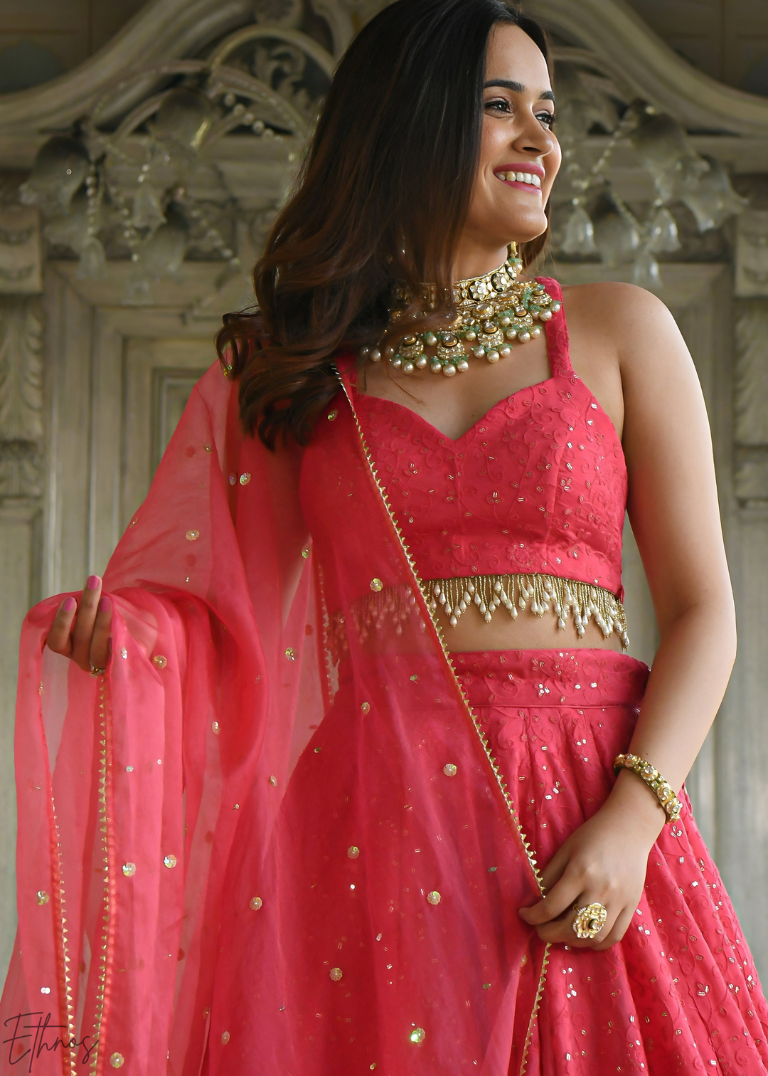 Crimson Pink Minimal-Panel Georgette Lehenga