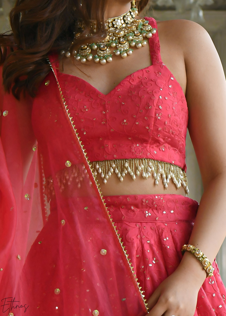 Crimson Pink Minimal-Panel Georgette Lehenga