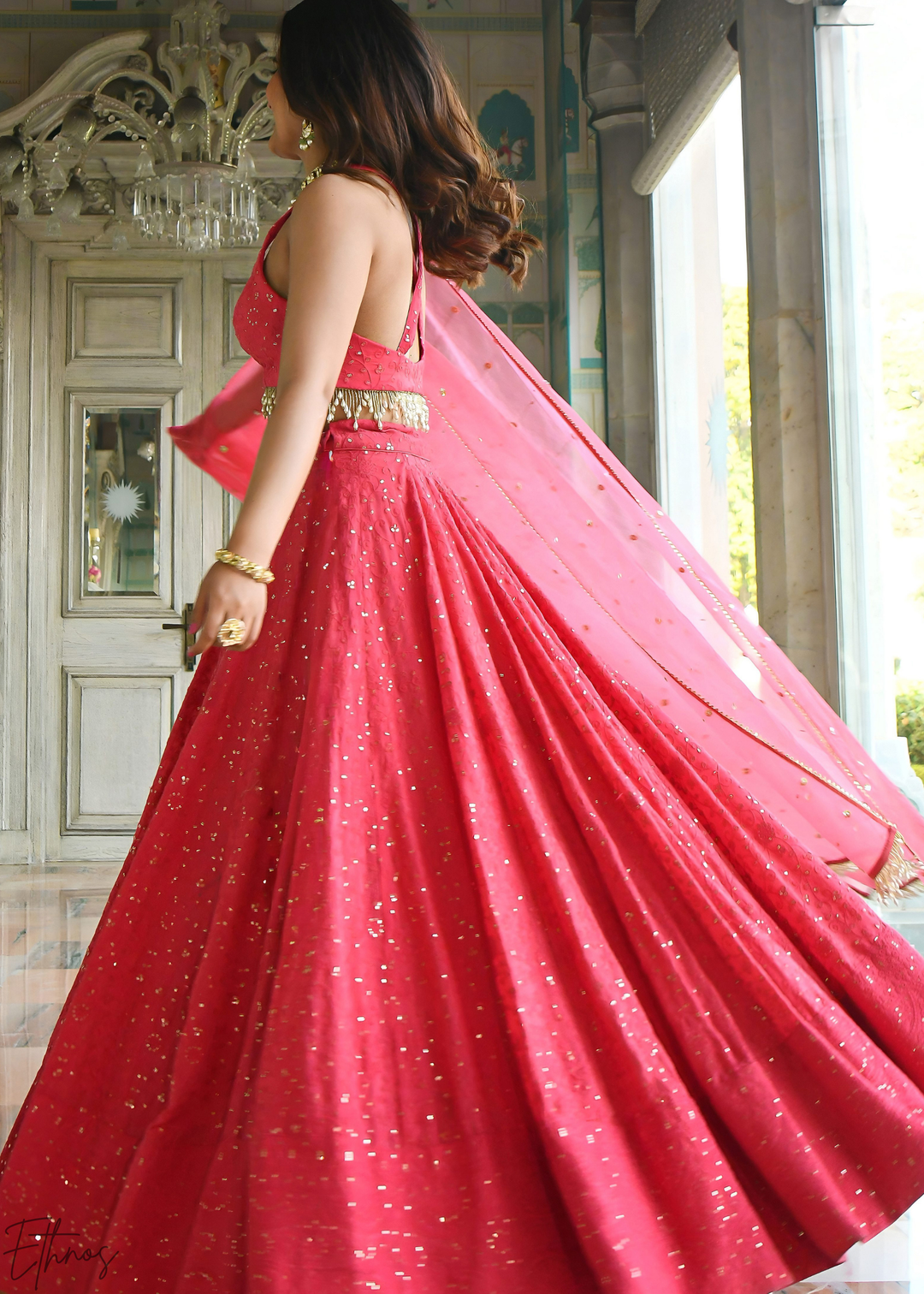 Crimson Pink Minimal-Panel Georgette Lehenga