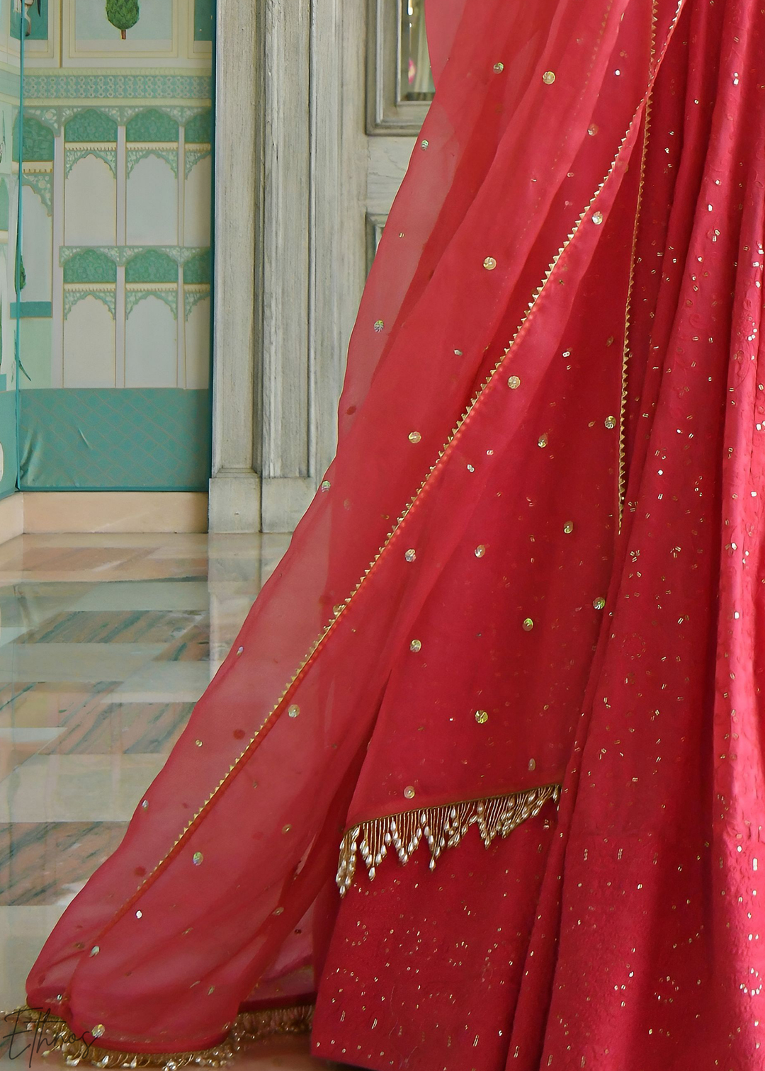 Crimson Pink Minimal-Panel Georgette Lehenga
