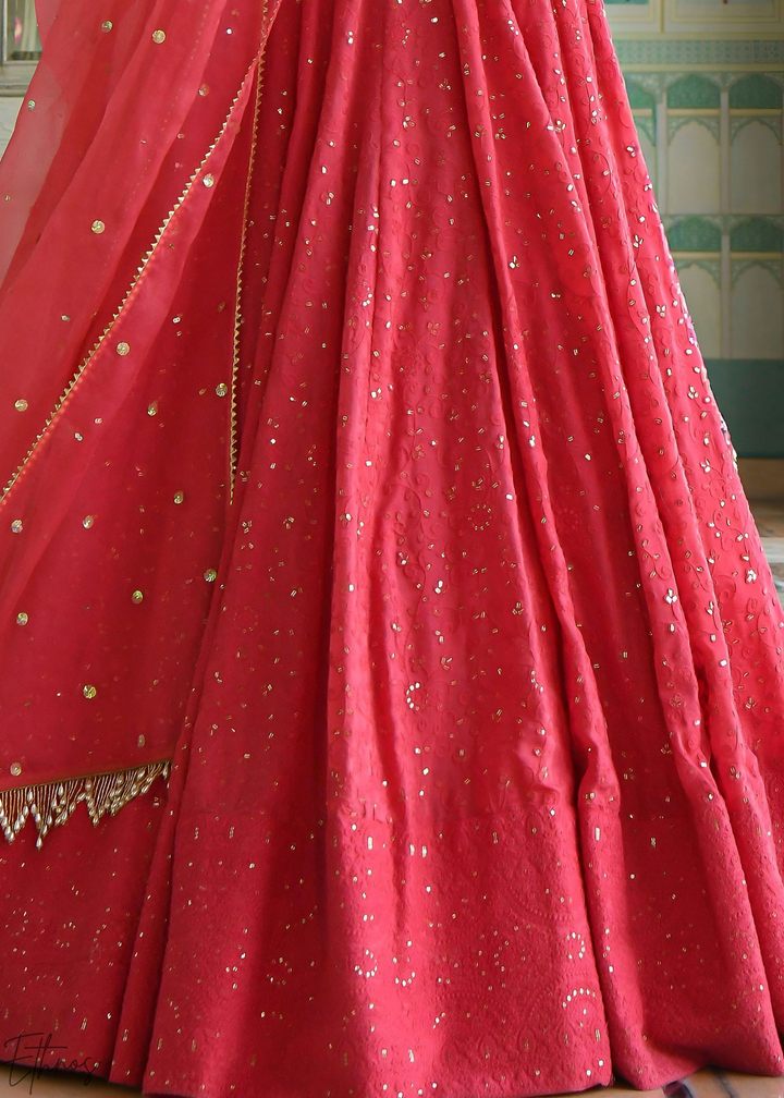 Crimson Pink Minimal-Panel Georgette Lehenga