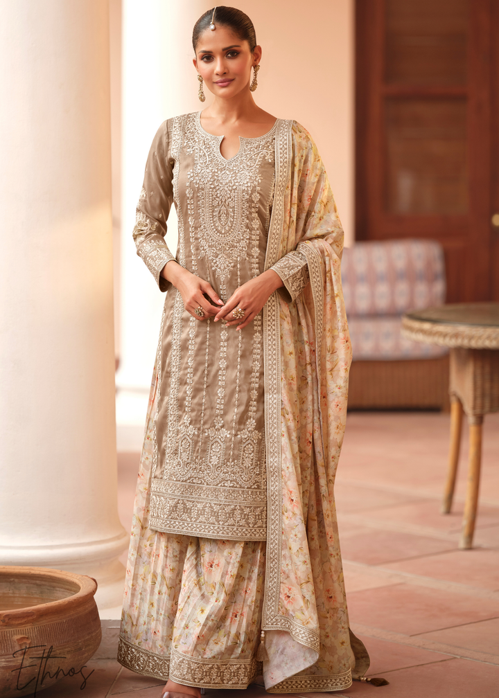Dusty Beige Simar Silk Palazzo Salwar Suit
