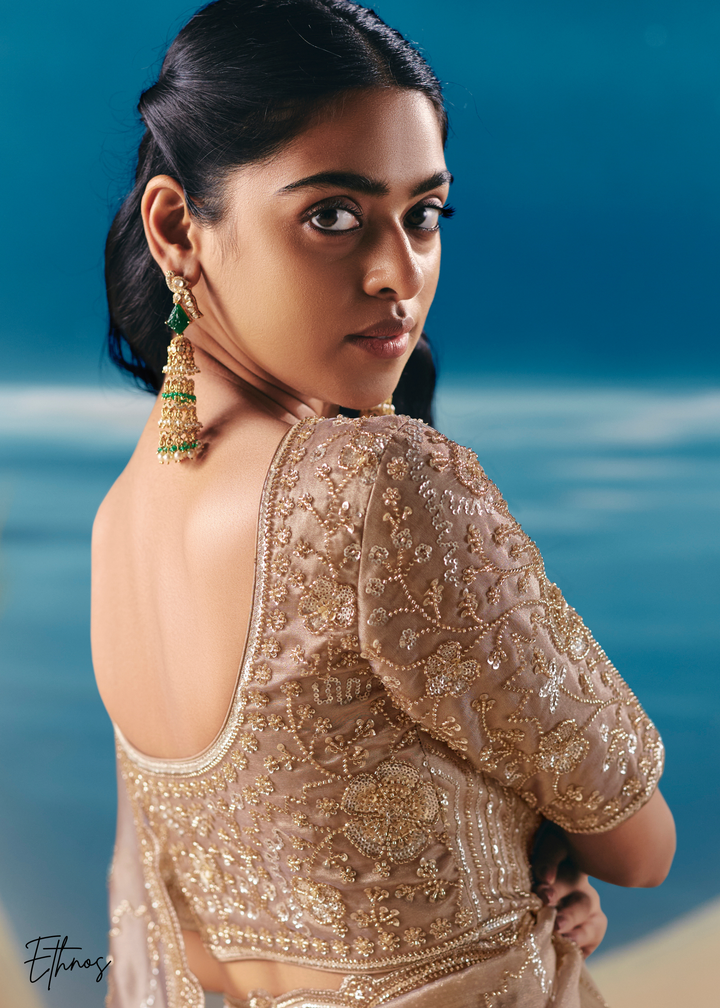Dusty Beige Sequins Organza Saree