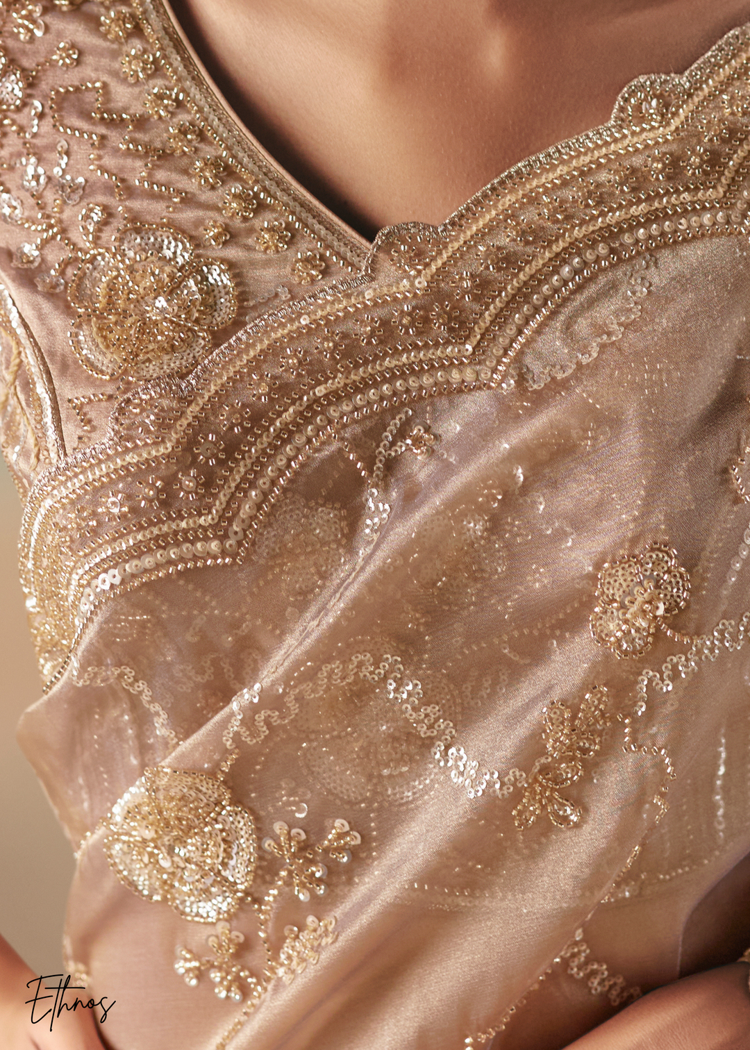 Dusty Beige Sequins Organza Saree