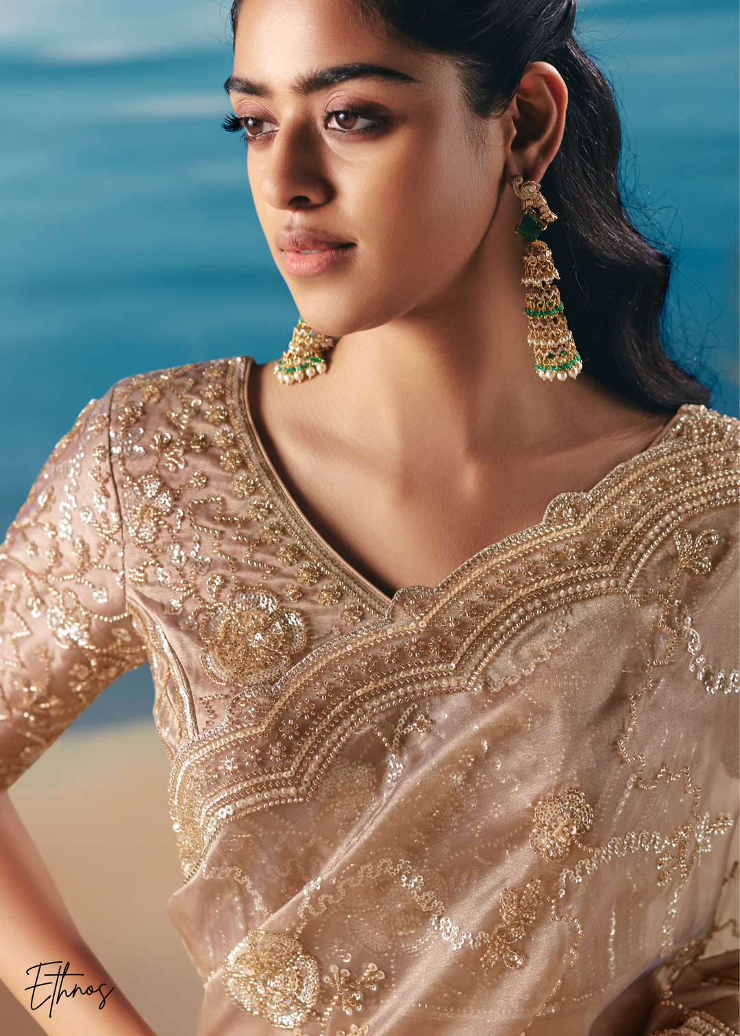 Dusty Beige Sequins Organza Saree