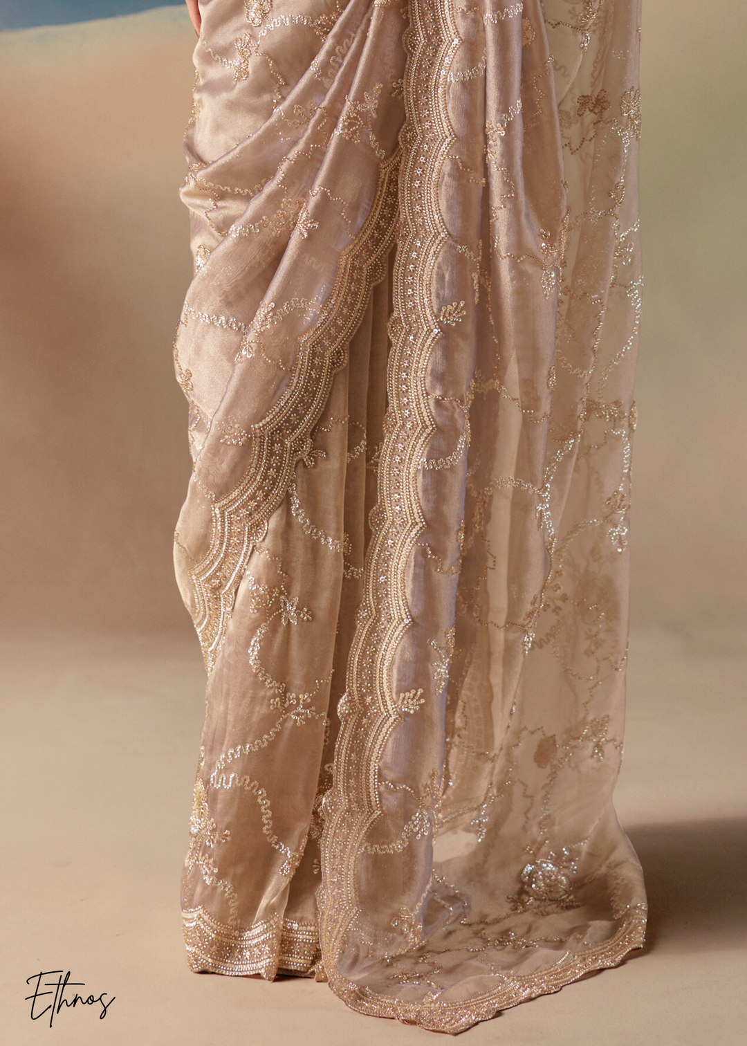 Dusty Beige Sequins Organza Saree