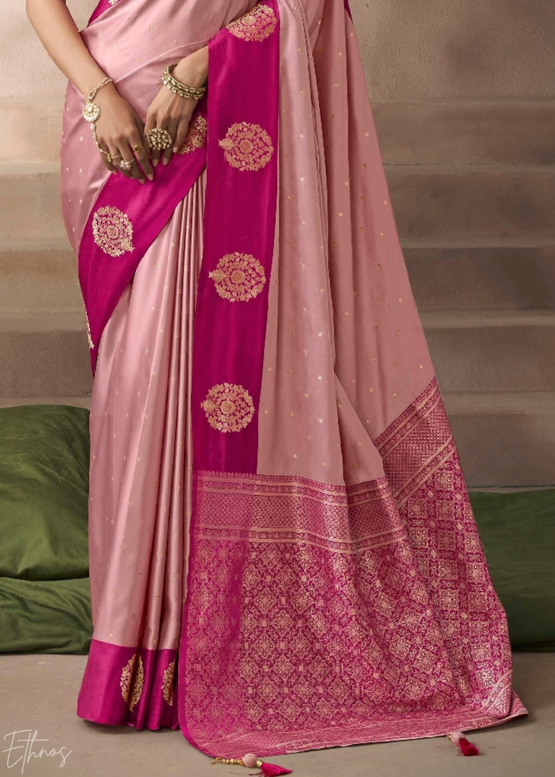 Dusty Rose Pink Satin Silk Saree
