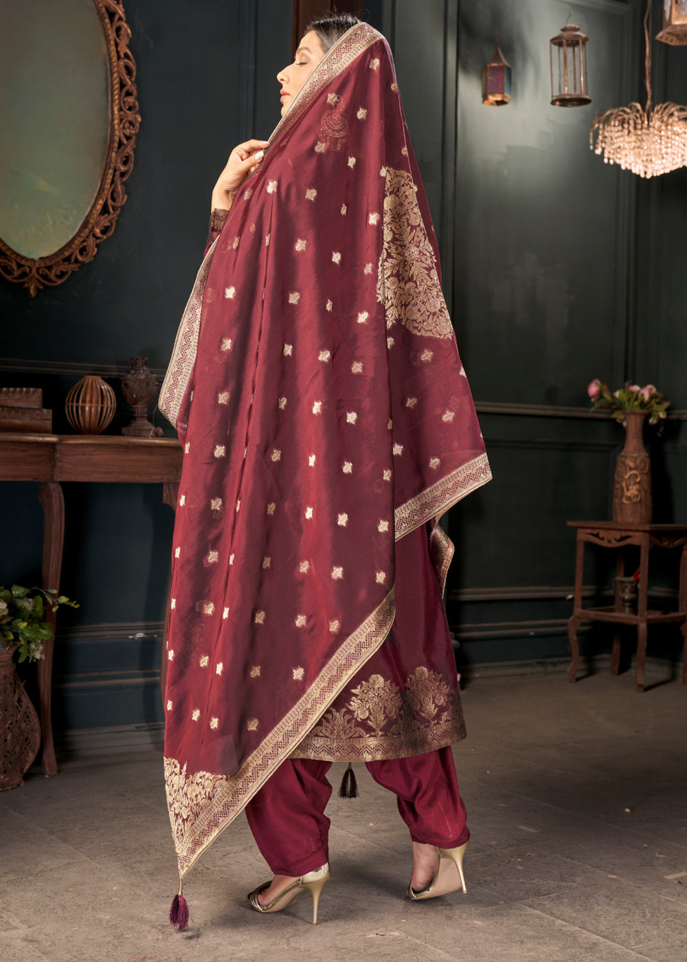 Maroon Red Designer Viscose Salwar Suit having Zari work