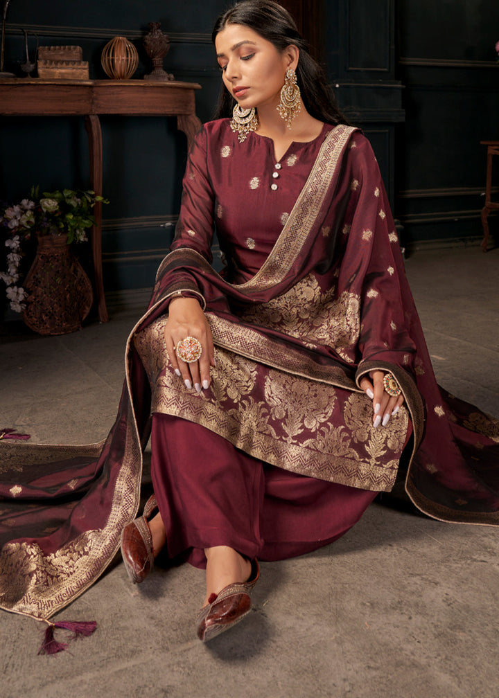 Maroon Red Designer Viscose Salwar Suit having Zari work