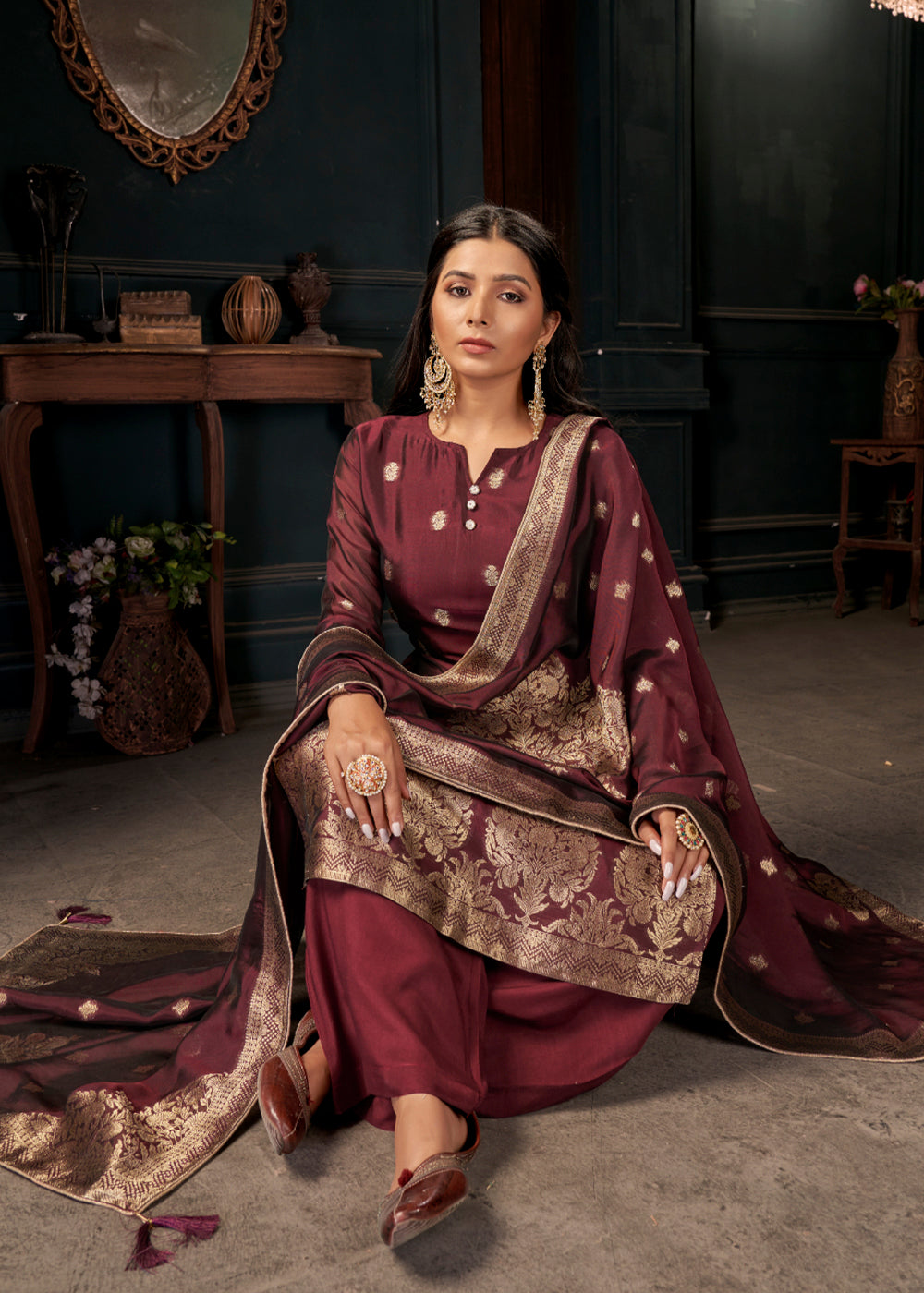 Maroon Red Designer Viscose Salwar Suit having Zari work