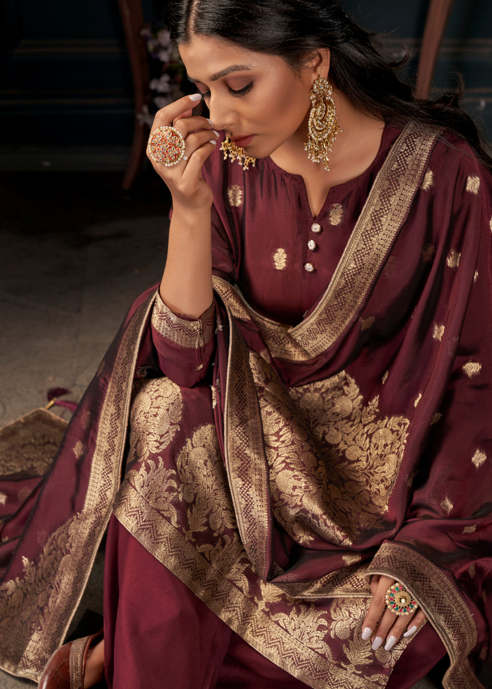 Maroon Red Designer Viscose Salwar Suit having Zari work
