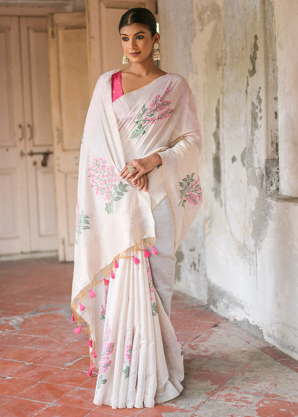 Beige & Pink Muga Cotton Saree
