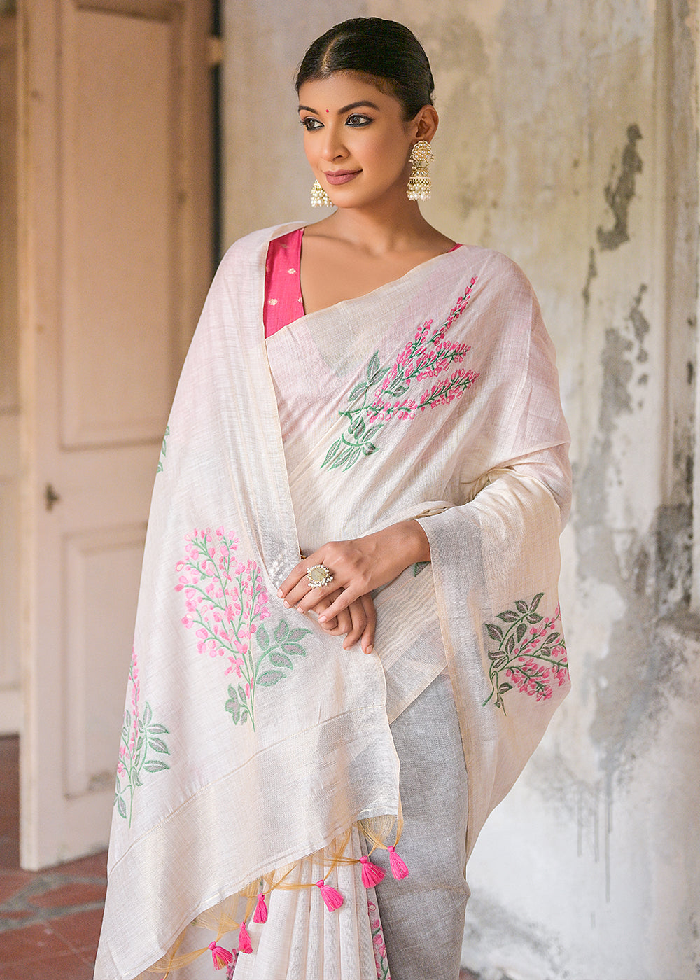 Beige & Pink Muga Cotton Saree