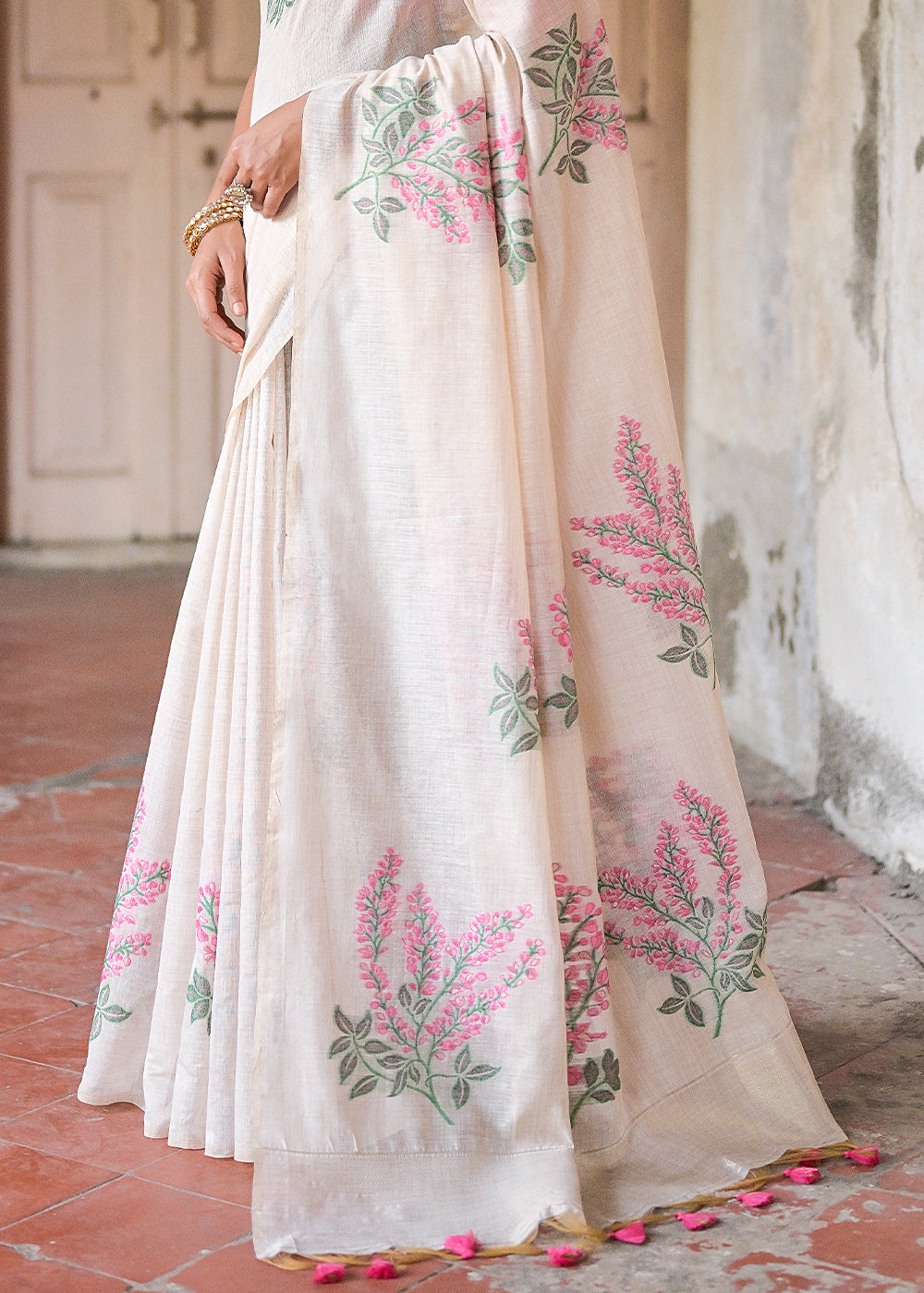 Beige & Pink Muga Cotton Saree