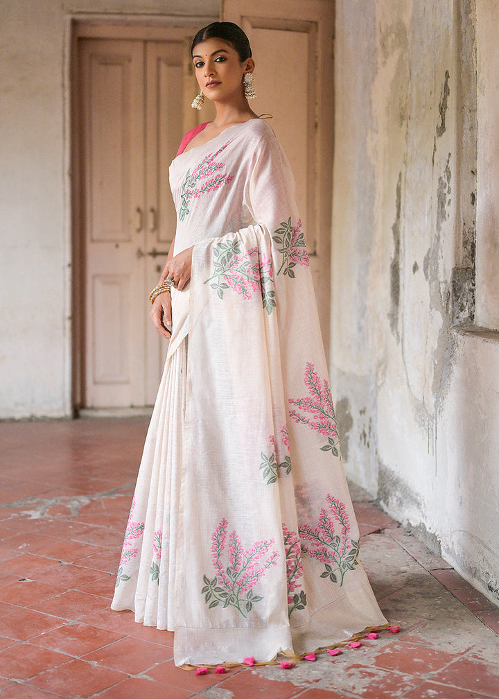 Beige & Pink Muga Cotton Saree