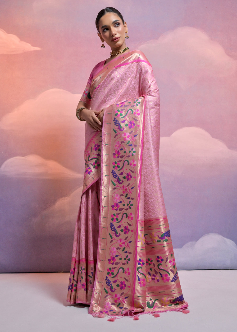 Taffy Pink Woven Paithani Silk Saree with Meenakari Zari Woven Border : Top Pick