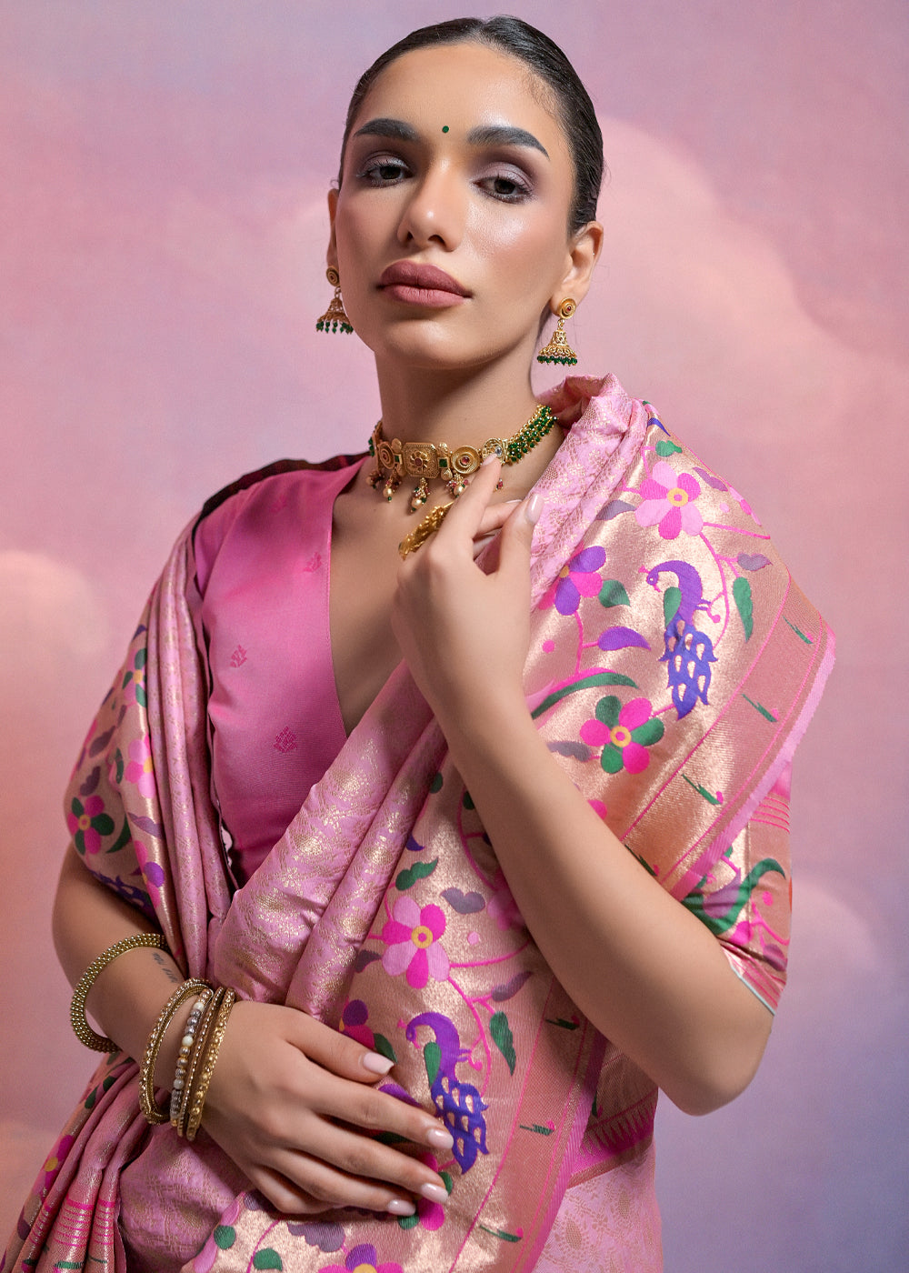 Taffy Pink Woven Paithani Silk Saree with Meenakari Zari Woven Border : Top Pick