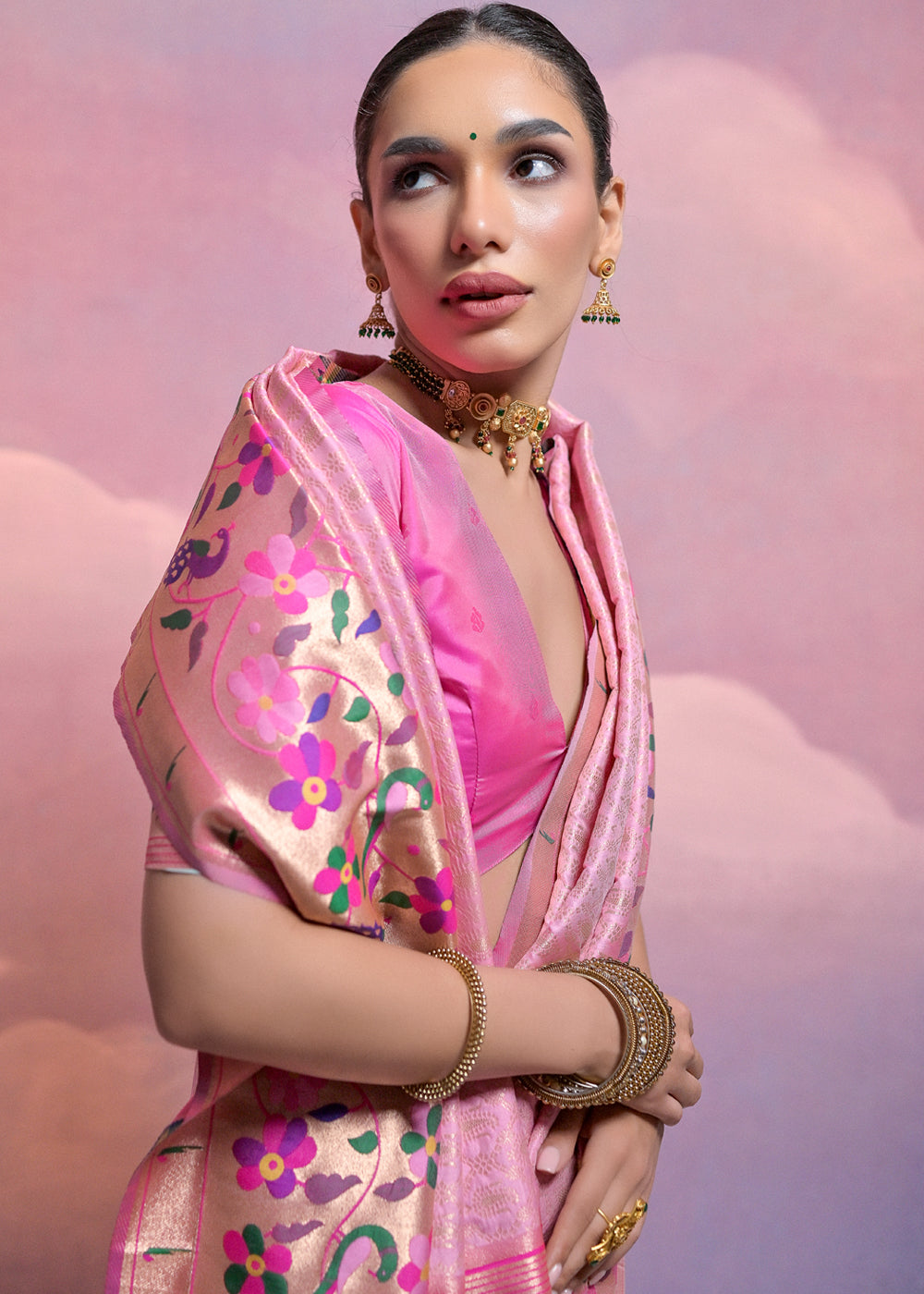 Taffy Pink Woven Paithani Silk Saree with Meenakari Zari Woven Border : Top Pick