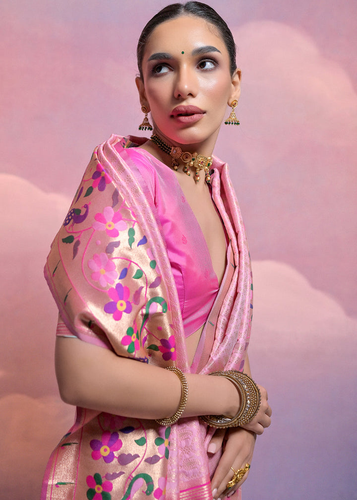 Taffy Pink Woven Paithani Silk Saree with Meenakari Zari Woven Border : Top Pick