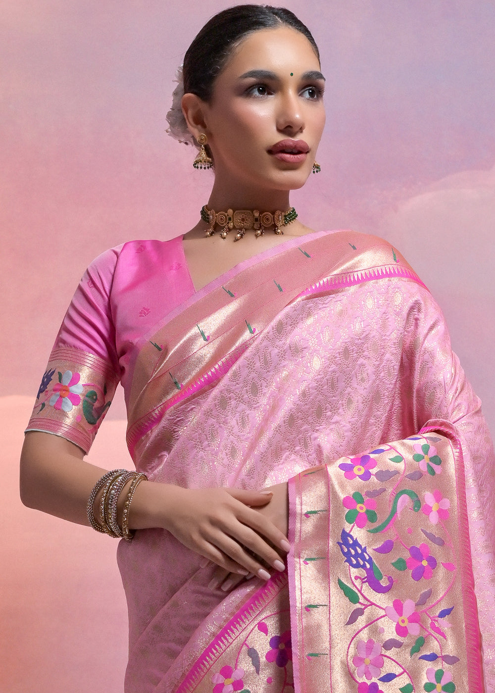 Taffy Pink Woven Paithani Silk Saree with Meenakari Zari Woven Border : Top Pick